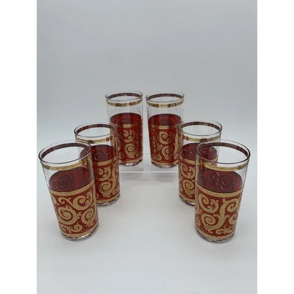 Culver ltd MCM Red 22K Gold Swirl Set of 6 Leaf Scroll Baroque High Ball Glasses - Picture 7 of 16